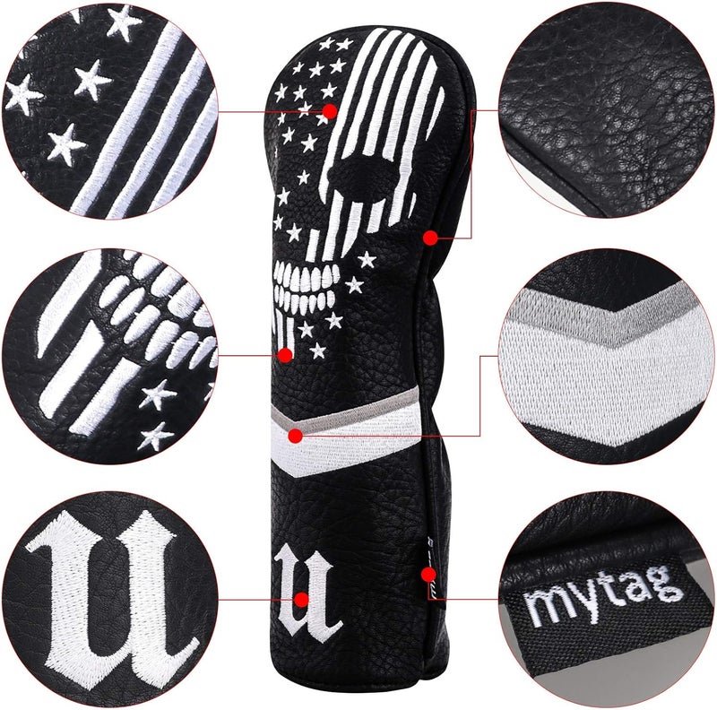 caiobob mytag Skull Skeleton Golf Head Covers Black Synthetic Leather Golf Headcovers Set Fits Driver Fairway Wood Hybrid/Utility Putter Iron Wedge Headcover - Image 4